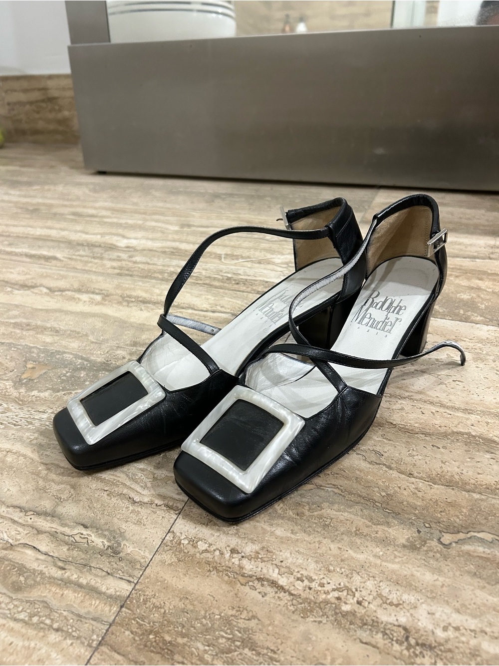 Rodolphe Menudier Black Square-Toe Strappy Heels with Silver Pearl Buckle Accent